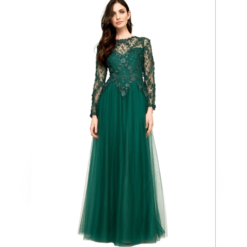 Tadshi Shoji Emerald Green Nwot Faerie 3d-Lace Tulle Skirt Special Occasion Gown